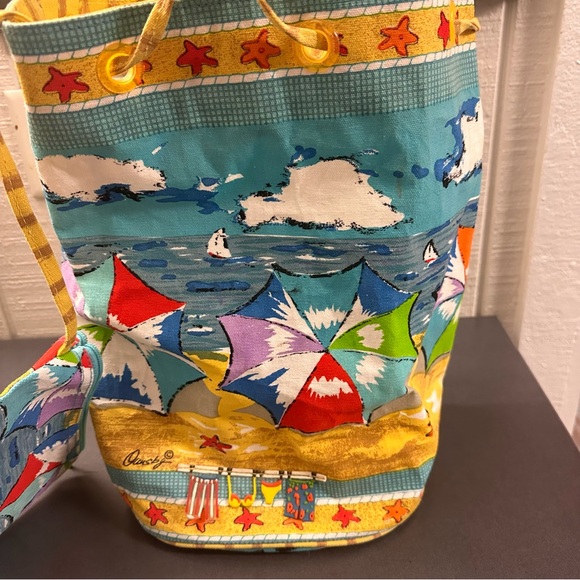 Anne Ormsby Canvas Beach Barrel Drawstring Bag Attached Makeup Zipper Pouch NICE - Picture 4 of 16